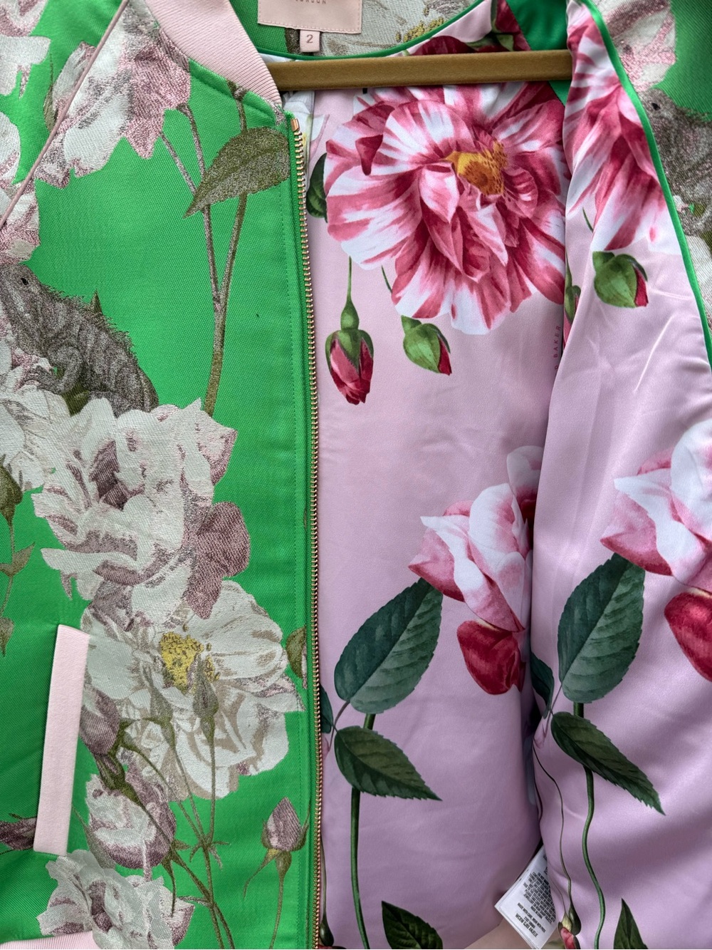 Ted Baker Green Floral Bomber Jacket with Pink Trim Accents size Medium - Picture 4 of 7